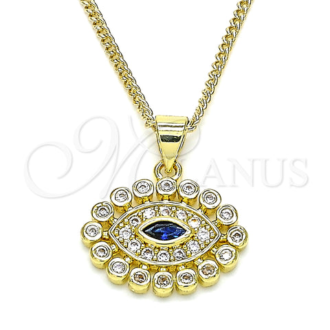 Oro Laminado Pendant Necklace, Gold Filled Style Evil Eye Design, with Sapphire Blue and White Micro Pave, Polished, Golden Finish, 04.156.0397.20 (02 MM Thickness, 20 Inches Length)