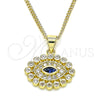 Oro Laminado Pendant Necklace, Gold Filled Style Evil Eye Design, with Sapphire Blue and White Micro Pave, Polished, Golden Finish, 04.156.0397.20 (02 MM Thickness, 20 Inches Length)