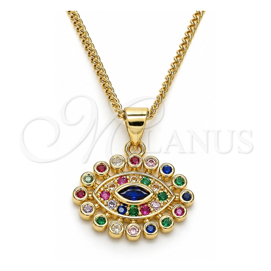 Oro Laminado Pendant Necklace, Gold Filled Style Evil Eye Design, with Multicolor Micro Pave, Polished, Golden Finish, 04.156.0397.1.20 (02 MM Thickness, 20 Inches Length)