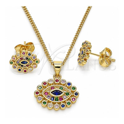 Oro Laminado Earring and Pendant Adult Set, Gold Filled Style Evil Eye Design, with Multicolor Micro Pave, Polished, Golden Finish, 10.156.0347.1