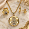 Oro Laminado Earring and Pendant Adult Set, Gold Filled Style Hand of God and Judaica Design, with Sapphire Blue and White Micro Pave, Polished, Golden Finish, 10.156.0348