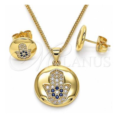 Oro Laminado Earring and Pendant Adult Set, Gold Filled Style Hand of God and Judaica Design, with Sapphire Blue and White Micro Pave, Polished, Golden Finish, 10.156.0348