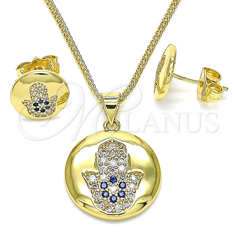 Oro Laminado Earring and Pendant Adult Set, Gold Filled Style Hand of God Design, with Sapphire Blue and White Micro Pave, Polished, Golden Finish, 10.156.0348
