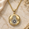 Oro Laminado Pendant Necklace, Gold Filled Style Hand of God and Judaica Design, with Sapphire Blue and White Micro Pave, Polished, Golden Finish, 04.156.0398.20 (02 MM Thickness, 20 Inches Length)