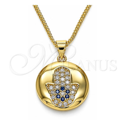 Oro Laminado Pendant Necklace, Gold Filled Style Hand of God and Judaica Design, with Sapphire Blue and White Micro Pave, Polished, Golden Finish, 04.156.0398.20 (02 MM Thickness, 20 Inches Length)