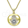 Oro Laminado Pendant Necklace, Gold Filled Style Hand of God Design, with Sapphire Blue and White Micro Pave, Polished, Golden Finish, 04.156.0398.20 (02 MM Thickness, 20 Inches Length)