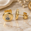 Oro Laminado Stud Earring, Gold Filled Style Hand of God and Judaica Design, with Sapphire Blue and White Micro Pave, Polished, Golden Finish, 02.156.0554