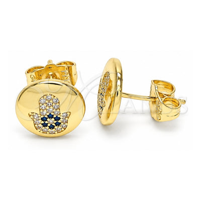 Oro Laminado Stud Earring, Gold Filled Style Hand of God and Judaica Design, with Sapphire Blue and White Micro Pave, Polished, Golden Finish, 02.156.0554