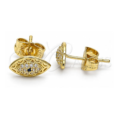 Oro Laminado Stud Earring, Gold Filled Style Evil Eye Design, with Sapphire Blue and White Micro Pave, Polished, Golden Finish, 02.156.0555