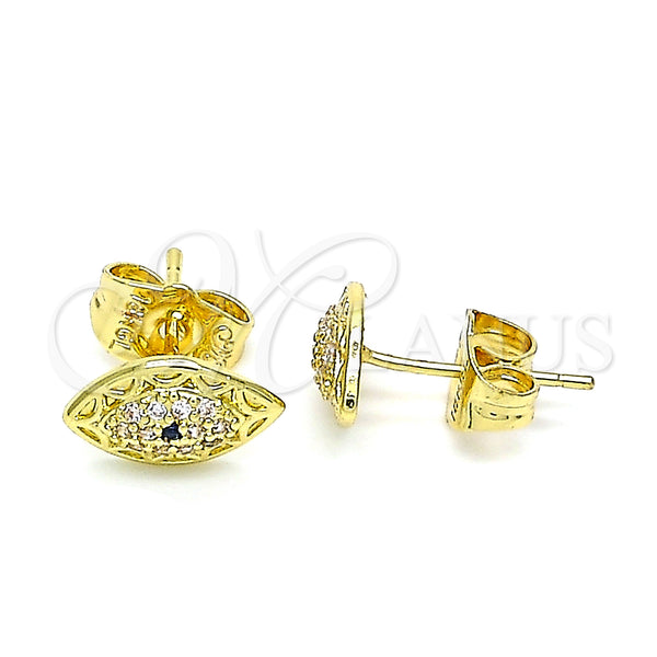 Oro Laminado Stud Earring, Gold Filled Style Evil Eye Design, with Sapphire Blue and White Micro Pave, Polished, Golden Finish, 02.156.0555
