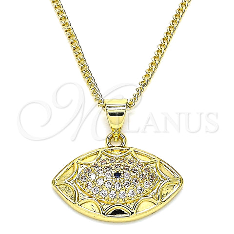 Oro Laminado Pendant Necklace, Gold Filled Style Evil Eye Design, with Sapphire Blue and White Micro Pave, Polished, Golden Finish, 04.156.0399.20 (02 MM Thickness, 20 Inches Length)