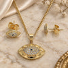 Oro Laminado Earring and Pendant Adult Set, Gold Filled Style Evil Eye Design, with Sapphire Blue and White Micro Pave, Polished, Golden Finish, 10.156.0349