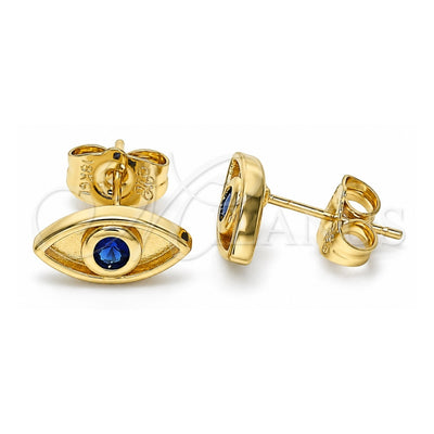 Oro Laminado Stud Earring, Gold Filled Style Evil Eye Design, with Sapphire Blue Micro Pave, Polished, Golden Finish, 02.156.0556