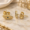 Oro Laminado Stud Earring, Gold Filled Style Evil Eye Design, with Sapphire Blue Micro Pave, Polished, Golden Finish, 02.156.0557