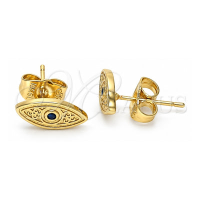 Oro Laminado Stud Earring, Gold Filled Style Evil Eye Design, with Sapphire Blue Micro Pave, Polished, Golden Finish, 02.156.0557