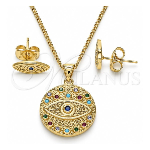 Oro Laminado Earring and Pendant Adult Set, Gold Filled Style Evil Eye Design, with Multicolor Micro Pave, Polished, Golden Finish, 10.156.0352