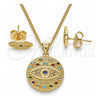 Oro Laminado Earring and Pendant Adult Set, Gold Filled Style Evil Eye Design, with Multicolor Micro Pave, Polished, Golden Finish, 10.156.0352