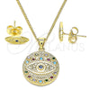 Oro Laminado Earring and Pendant Adult Set, Gold Filled Style Evil Eye Design, with Multicolor Micro Pave, Polished, Golden Finish, 10.156.0352