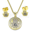 Oro Laminado Earring and Pendant Adult Set, Gold Filled Style Hand of God Design, with Sapphire Blue Micro Pave, Polished, Golden Finish, 10.156.0353