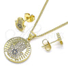 Oro Laminado Earring and Pendant Adult Set, Gold Filled Style Hand of God Design, with Sapphire Blue Micro Pave, Polished, Golden Finish, 10.156.0353