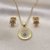 Oro Laminado Earring and Pendant Adult Set, Gold Filled Style Hand of God Design, with Sapphire Blue Micro Pave, Polished, Golden Finish, 10.156.0353