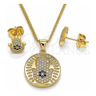 Oro Laminado Earring and Pendant Adult Set, Gold Filled Style Hand of God and Judaica Design, with Sapphire Blue Micro Pave, Polished, Golden Finish, 10.156.0353