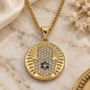 Oro Laminado Pendant Necklace, Gold Filled Style Hand of God and Judaica Design, with Sapphire Blue and White Micro Pave, Polished, Golden Finish, 04.156.0402.20 (02 MM Thickness, 20 Inches Length)