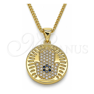 Oro Laminado Pendant Necklace, Gold Filled Style Hand of God and Judaica Design, with Sapphire Blue and White Micro Pave, Polished, Golden Finish, 04.156.0402.20 (02 MM Thickness, 20 Inches Length)