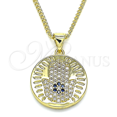 Oro Laminado Pendant Necklace, Gold Filled Style Hand of God Design, with Sapphire Blue and White Micro Pave, Polished, Golden Finish, 04.156.0402.20 (02 MM Thickness, 20 Inches Length)
