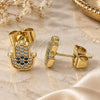 Oro Laminado Stud Earring, Gold Filled Style Hand of God and Judaica Design, with Sapphire Blue and White Micro Pave, Polished, Golden Finish, 02.156.0558