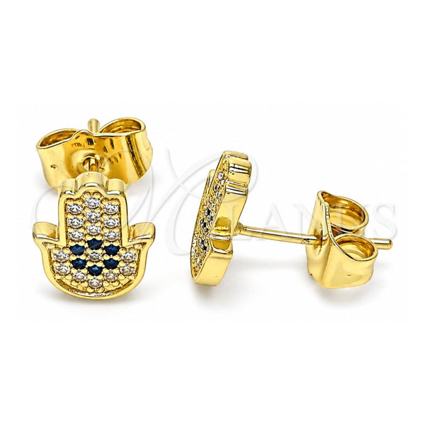 Oro Laminado Stud Earring, Gold Filled Style Hand of God and Judaica Design, with Sapphire Blue and White Micro Pave, Polished, Golden Finish, 02.156.0558