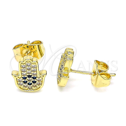 Oro Laminado Stud Earring, Gold Filled Style Hand of God and Judaica Design, with Sapphire Blue and White Micro Pave, Polished, Golden Finish, 02.156.0558