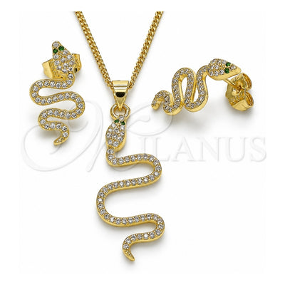 Oro Laminado Earring and Pendant Adult Set, Gold Filled Style Snake Design, with White and Green Micro Pave, Polished, Golden Finish, 10.156.0354