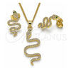Oro Laminado Earring and Pendant Adult Set, Gold Filled Style Snake Design, with White and Green Micro Pave, Polished, Golden Finish, 10.156.0354