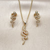 Oro Laminado Earring and Pendant Adult Set, Gold Filled Style Snake Design, with White Micro Pave, Polished, Golden Finish, 10.156.0355