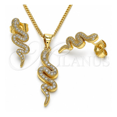 Oro Laminado Earring and Pendant Adult Set, Gold Filled Style Snake Design, with White Micro Pave, Polished, Golden Finish, 10.156.0355