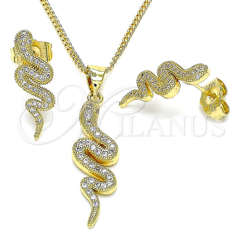 Oro Laminado Earring and Pendant Adult Set, Gold Filled Style Snake Design, with White Micro Pave, Polished, Golden Finish, 10.156.0355