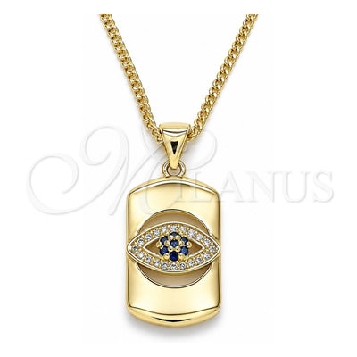 Oro Laminado Pendant Necklace, Gold Filled Style Evil Eye Design, with Sapphire Blue and White Micro Pave, Polished, Golden Finish, 04.156.0405.20 (02 MM Thickness, 20 Inches Length)