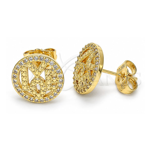 Oro Laminado Stud Earring, Gold Filled Style Love Design, with White Micro Pave, Polished, Golden Finish, 02.156.0562