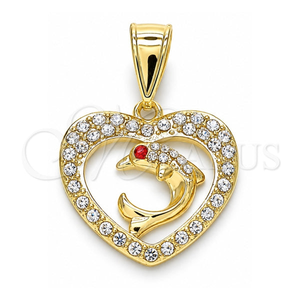 Oro Laminado Fancy Pendant, Gold Filled Style Dolphin and Heart Design, with White and Garnet Crystal, Polished, Golden Finish, 05.253.0112