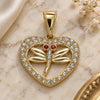 Oro Laminado Fancy Pendant, Gold Filled Style Dragon-Fly and Heart Design, with White and Garnet Crystal, Polished, Golden Finish, 05.253.0113
