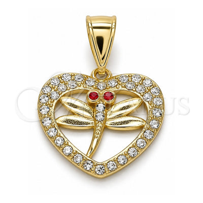 Oro Laminado Fancy Pendant, Gold Filled Style Dragon-Fly and Heart Design, with White and Garnet Crystal, Polished, Golden Finish, 05.253.0113