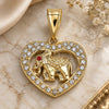 Oro Laminado Fancy Pendant, Gold Filled Style Elephant and Heart Design, with White and Garnet Crystal, Polished, Golden Finish, 05.253.0114