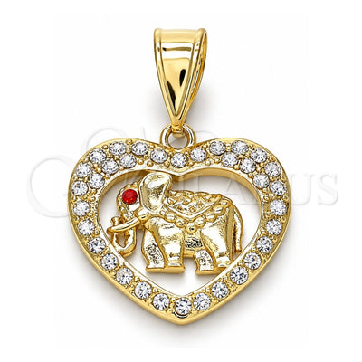 Oro Laminado Fancy Pendant, Gold Filled Style Elephant and Heart Design, with White and Garnet Crystal, Polished, Golden Finish, 05.253.0114