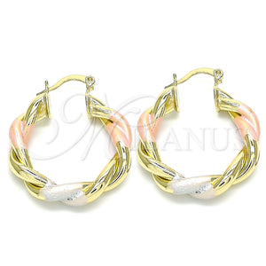 Gold Filled Hoop Earrings — Medium Hoop Twist Design Polished Tricolor 02. — main product view — SKU 142268 | Oro Laminado aretes de aro — Medium Hoop Twist diseño pulido Tricolor 02. — SKU 142268