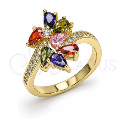 Oro Laminado Multi Stone Ring, Gold Filled Style Teardrop Design, with Multicolor Cubic Zirconia, Polished, Golden Finish, 01.210.0108.07 (Size 7)