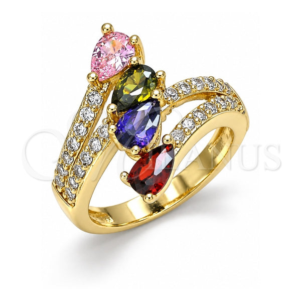Oro Laminado Multi Stone Ring, Gold Filled Style Teardrop Design, with Multicolor Cubic Zirconia, Polished, Golden Finish, 01.210.0109.08 (Size 8)