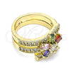 Oro Laminado Multi Stone Ring, Gold Filled Style Flower Design, with Multicolor Cubic Zirconia, Polished, Golden Finish, 01.210.0110.07 (Size 7)