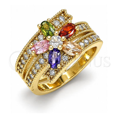 Oro Laminado Multi Stone Ring, Gold Filled Style Flower Design, with Multicolor Cubic Zirconia, Polished, Golden Finish, 01.210.0110.07 (Size 7)