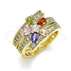Oro Laminado Multi Stone Ring, Gold Filled Style Flower Design, with Multicolor Cubic Zirconia, Polished, Golden Finish, 01.210.0110.07 (Size 7)